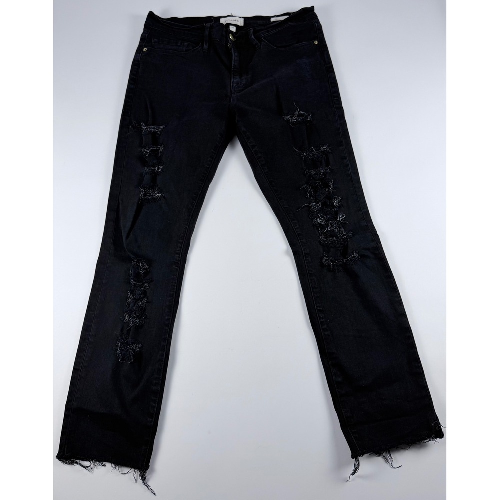 FRAME Denim Le Skinny de Jeanne Jeans Size 29 Distressed Black Raw Hem